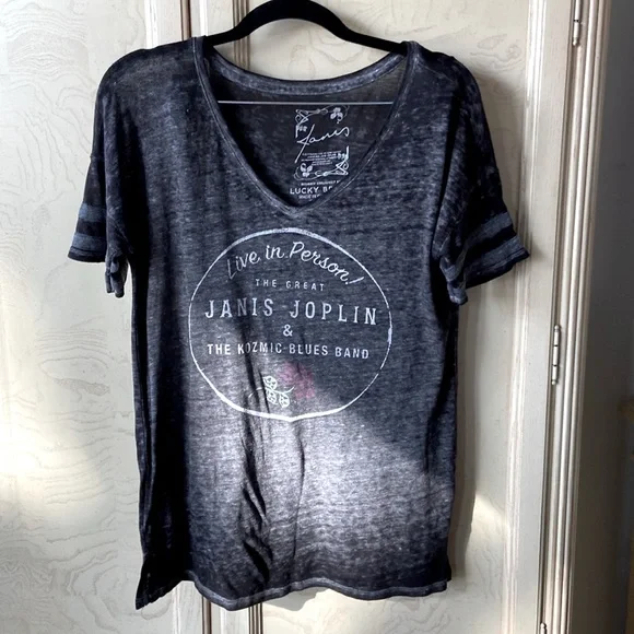 Lucky brand Janis Joplin T-shirt with stripe detail on the sleeve, SZ S - Picture 1 of 4